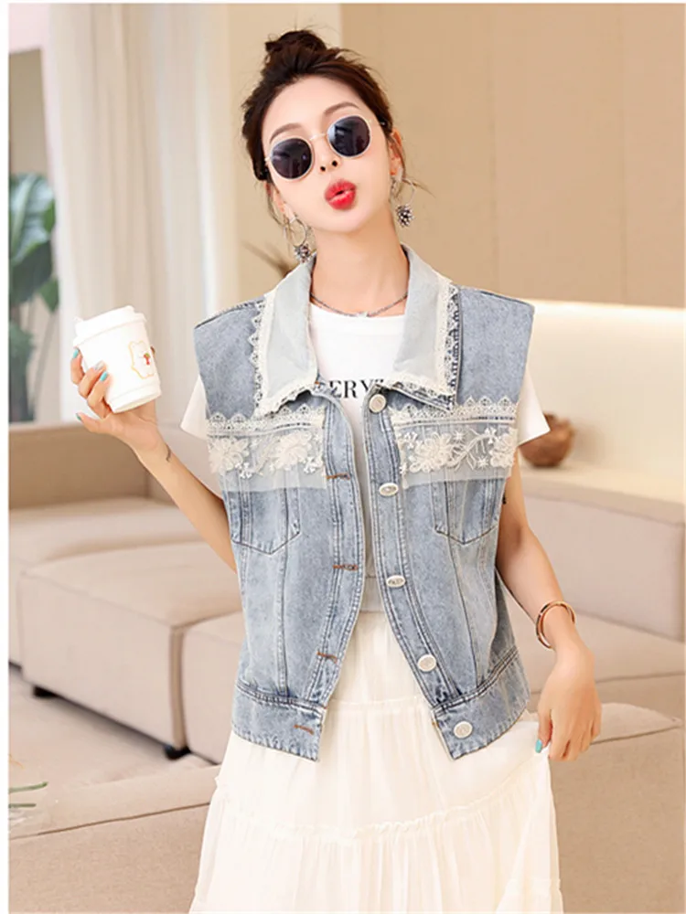 

Spring Summer New Embroidery Splice Denim Vest Women Fashon Korean Cowboy Waistcoat Ladies Casual Harajuku Sleeveless Tops 2024