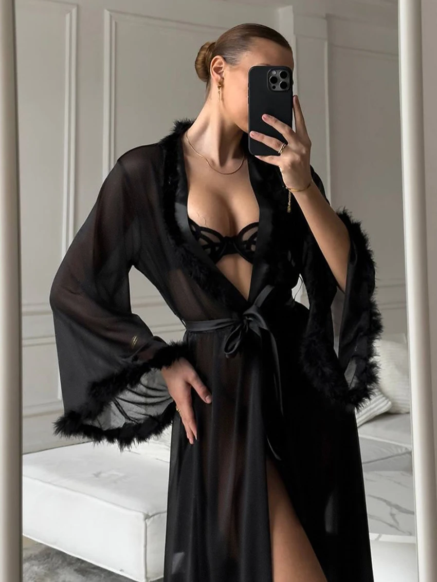 Marthaqiqi Feathers Ladies Nightgown Long Sleeve Robe V-Neck Pajamas Lace Up Nightwear Mid-Calf Dress Mesh Sexy Female Sleepwear