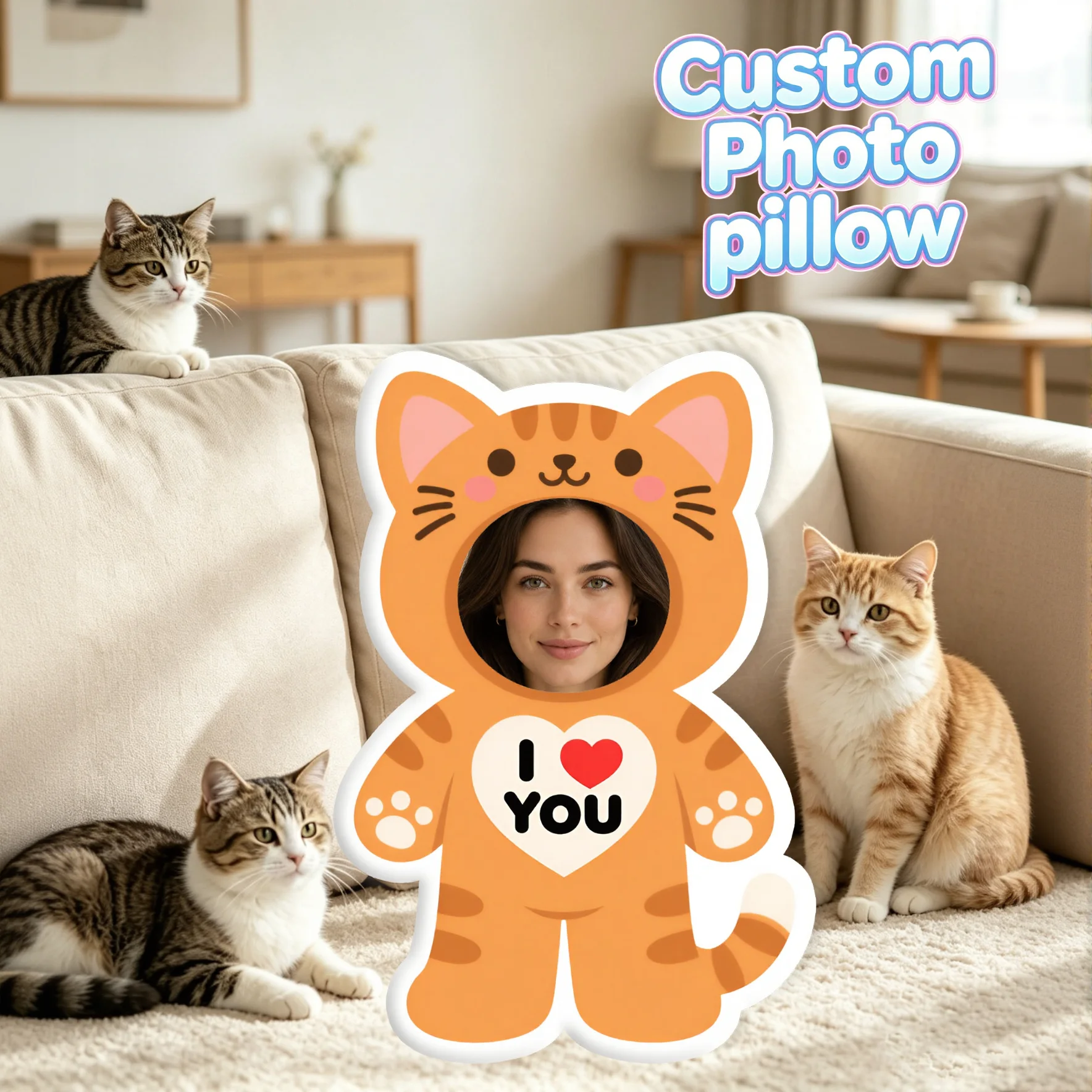 Customize Your Head Cartoon  Pillow Cat Head Soft Pillows and Cushions Funny Cushion Bedroom Bed Unique and Fun Gift for Couples