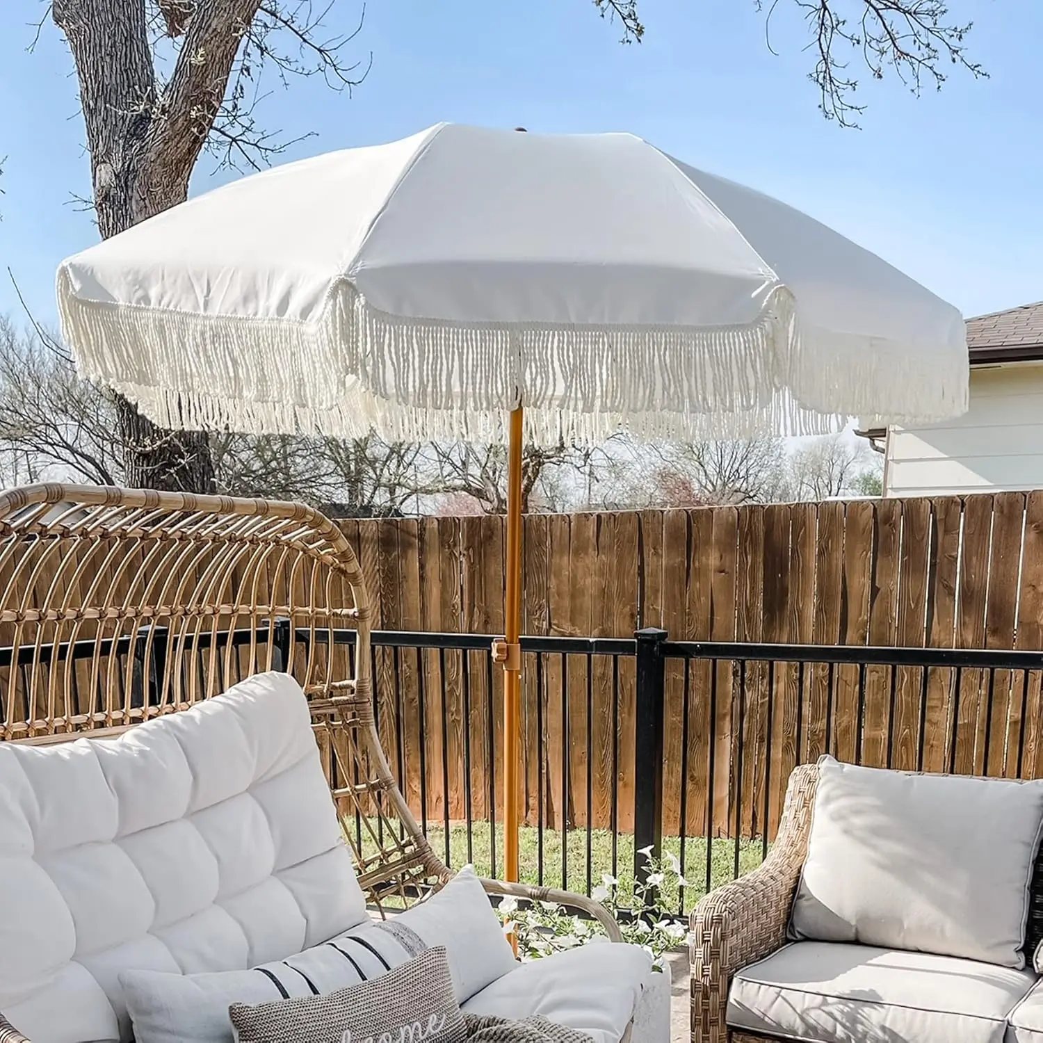 

7ft Patio Umbrella with Fringe Outdoor Tassel Umbrella UPF50+ Premium Steel Pole and Ribs Push Button Tilt