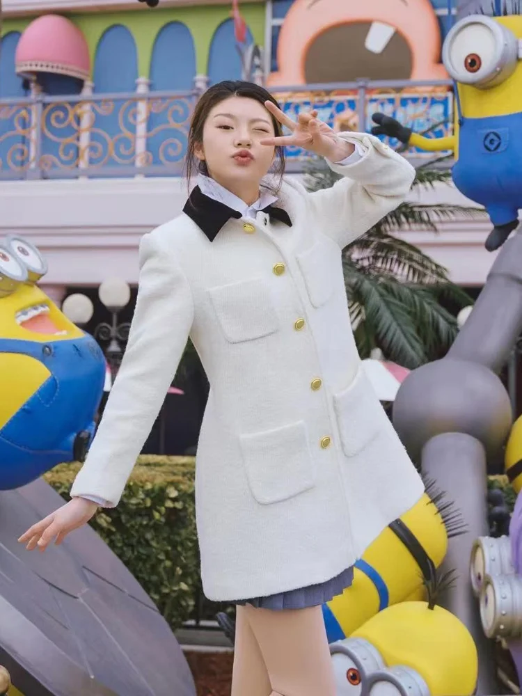 

High-End Autumn Winter New Sle Little Fraance Sle Color Blo Collar Mid-Length Woolen Coat for Women Ele Commute