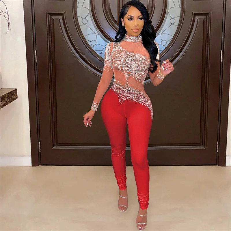 Fashion Diamante Decoration See-through Mesh Jumpsuit Slim Fit Women Stand-up Collar Long Sleeve Rompers Female Sexy Nightclub