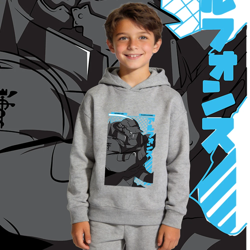 Full Metal Alchemist Alphonse Anime Print Fleece Lined Hoodie Kids Warm Outwear for Autumn Winter Boys Girls Daily Casual Top