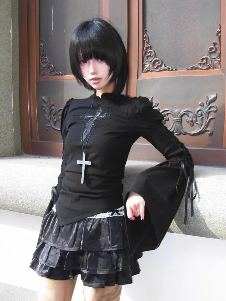

Y2k Subculture Japanese Long Sleeve T Shirts Women Printed Lace-up Gothic Black Tees Female Streetwear Punk T-shirts Punk Design
