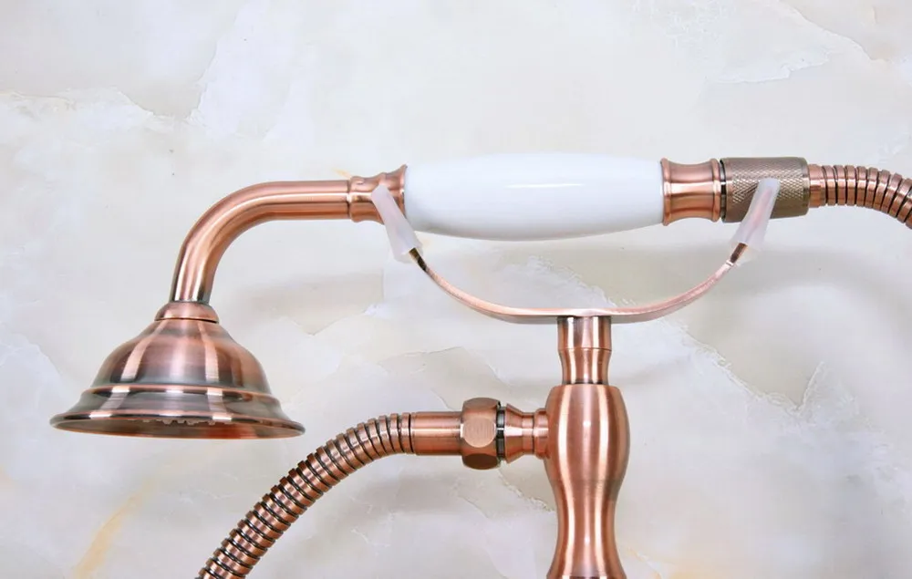 Imagem -04 - Antique Red Copper Dual Cross Handles Torneira de Banheira Wall Mounted Swivel Spout com Handshower Tub Mixer Tap