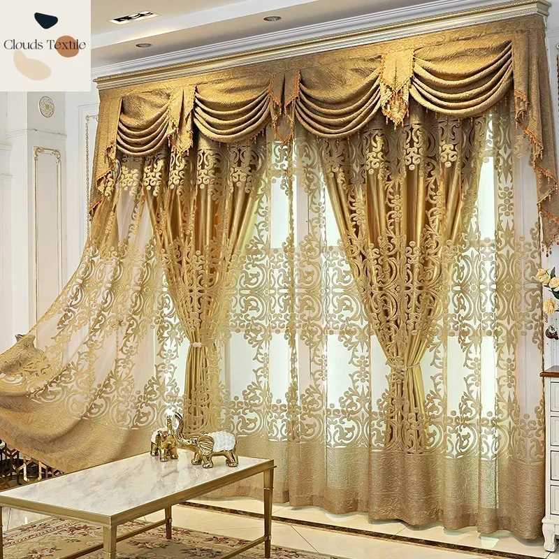 European Embroidery Luxury Gold Curtains for Living Dining Room Bedroom Door Window Room New High-end Tulle Customize