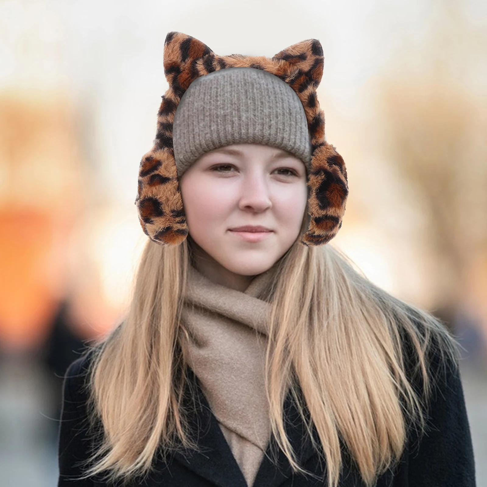 

NEW Faux Fur Ear Muffs Winter Warm Fluffy Leopard Print Ear Warmers With Cute Cat Plush Ear Covers For Cold Weather Protection