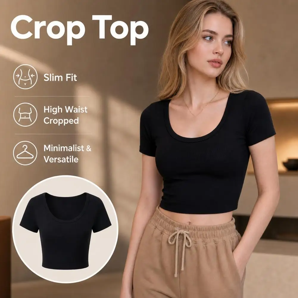 Trendy Women's Cropped T Shirt Basic Short Sleeve Summer Tops Summer Elastic Slim Fit Tees Tops For Daily & Workout, Going Out