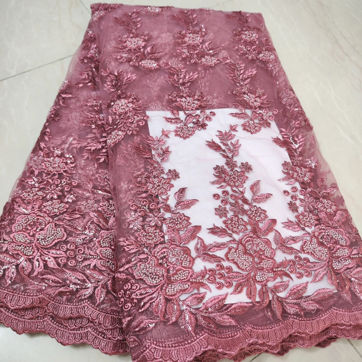 2025 Latest Classical Red African Handmade Beads Sequins Lace Fabric Beaded French Tulle Lace Fabric For Wedding Dress LWH23108