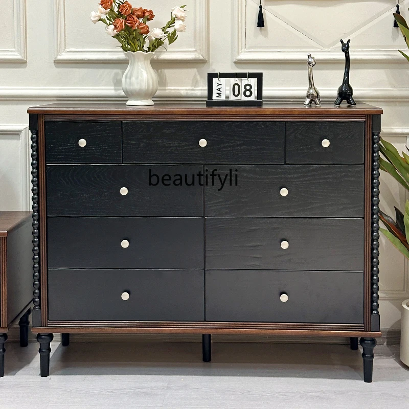 

French retro solid wood nine chest cabinet living room storage drawer medieval locker