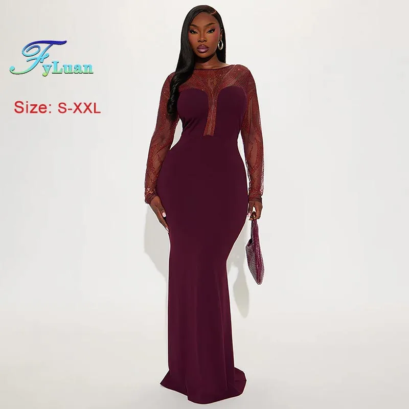 ชุดเดรสยาวผู้หญิง แขนยาว ผ้าตาข่ายซีทรู ประดับเพชร แฟชั่นต่อผ้าตาข่าย ชุดเดรสยาวสำหรับงานปาร์ตี้กลางคืน ชุดเดรสสำหรับสุภาพสตรี