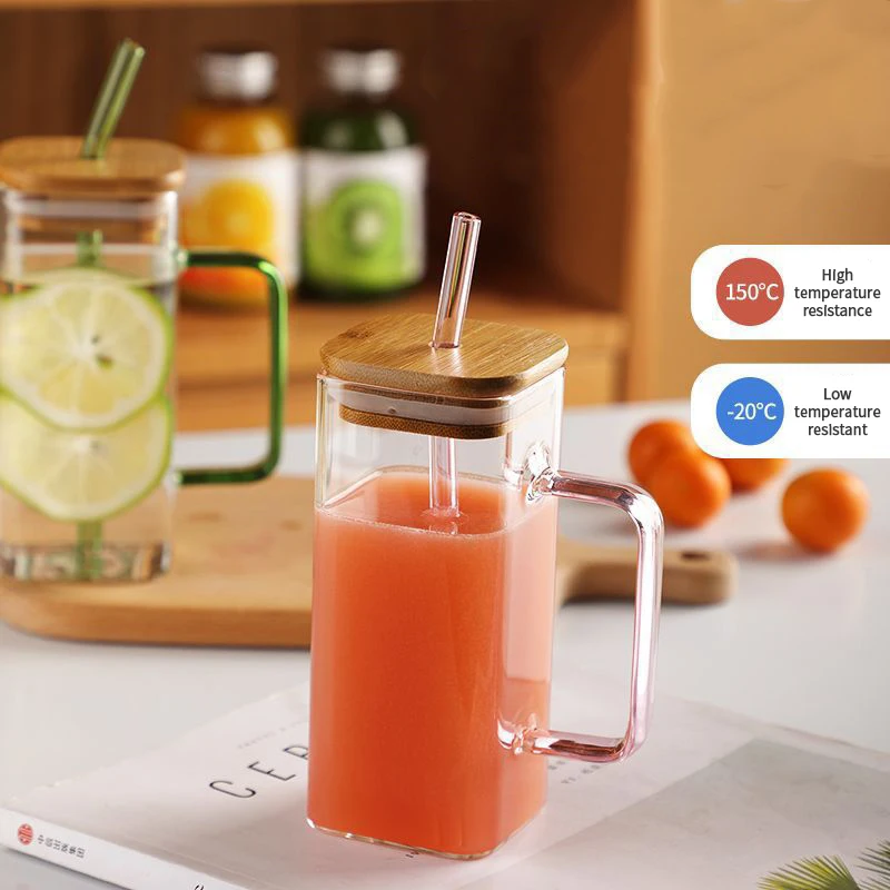 

Square Water Cup High-Temperature Resistant Bamboo-Covered Transparent Glass Fashionable Beverage Storage Container