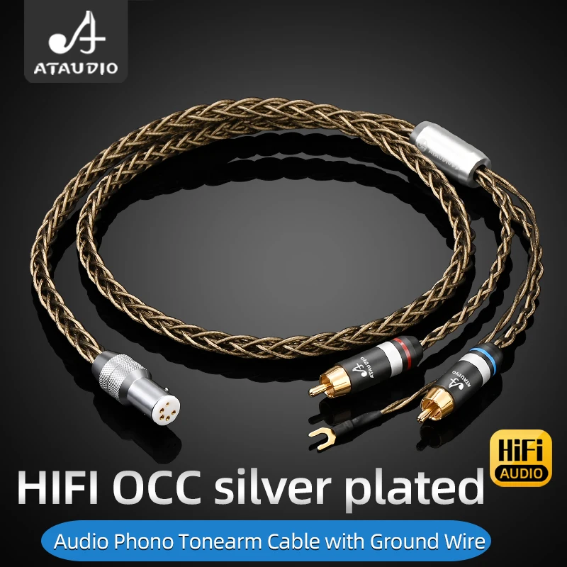 ATAUDIO HiFi OCC كابل مطلي بالفضة 5 Pin DIN & RCA فونو الأقراص الدوارة كابل تناظري مع كابل أرضي