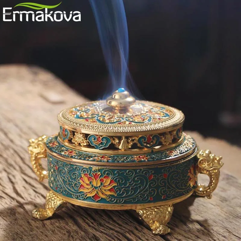 ERMAKOVA Incense Holders Incense Burner Tibetan Style Painted Enamel Zinc Alloy Coil Incense Holder Home Office Decoration Gift