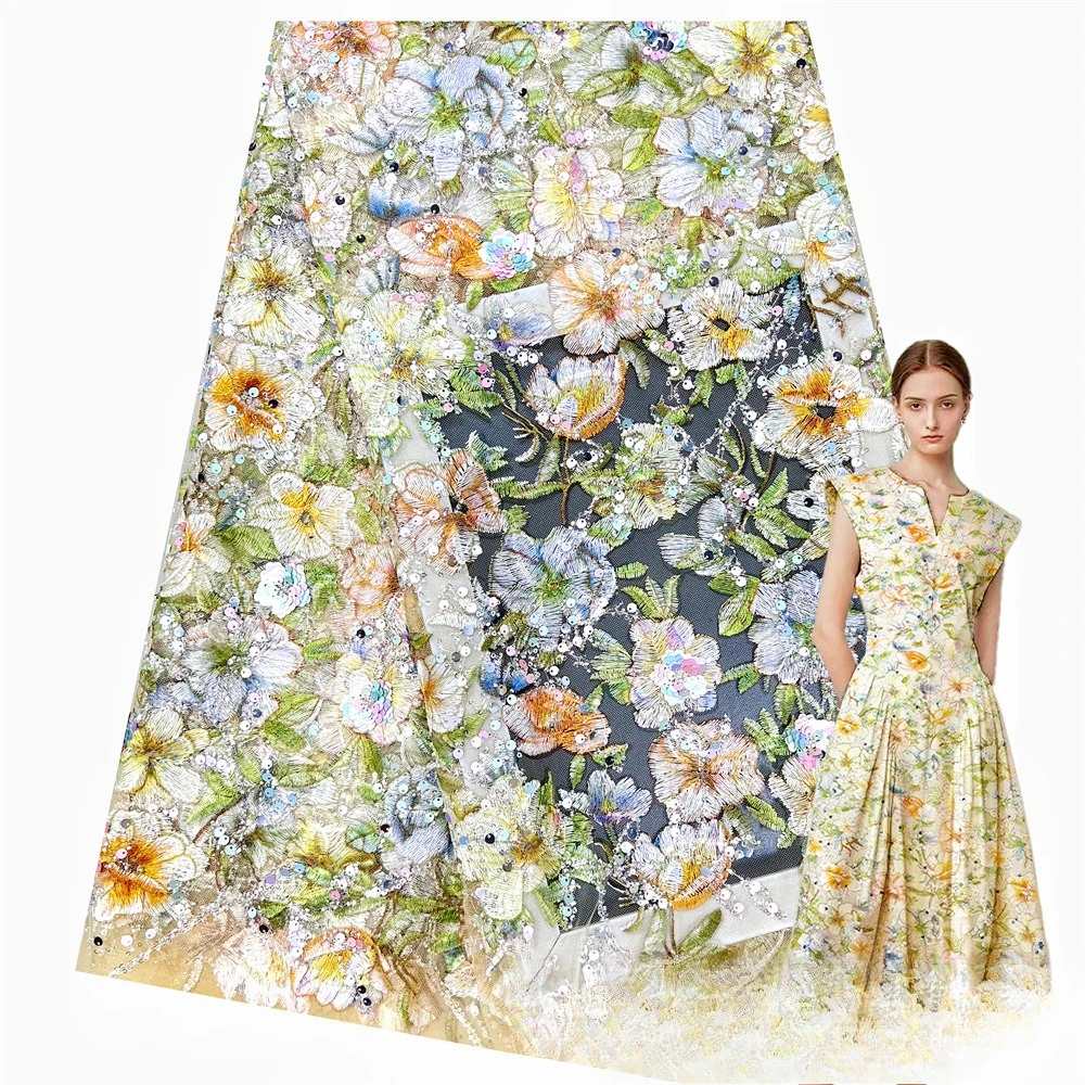 

French high-quality floral three-dimensional beaded embroidery fabric,African fashionable printed mesh embroidery lace fabric