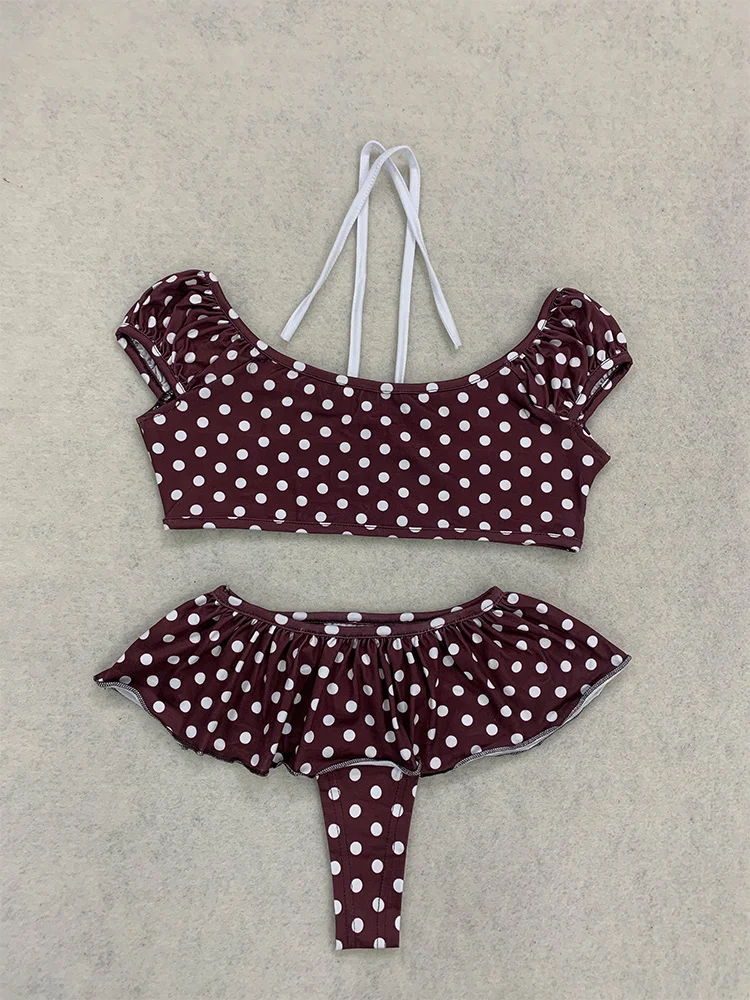 Summer European and American retro polka dot ruffle bikini women's split swimsuit backless hanging neck vacation swimsuit