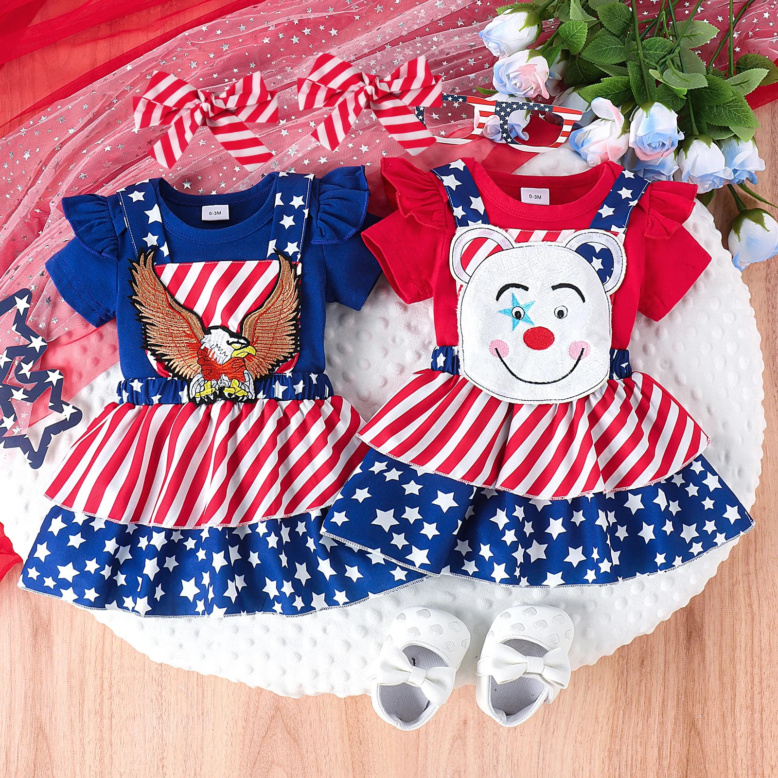 3 قطعة صيف جديد نمط فتاة طفل 0-1 سنة لطيف ومرح الدب رئيس و النسر دمية ختم + حزام تنورة #1