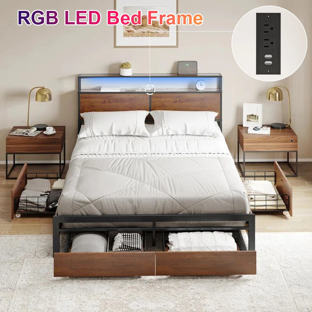 Bed Frame with Charging Station and LED, No Box Spring Needed, Platform Bed with Storage Shelf & 4 Drawers