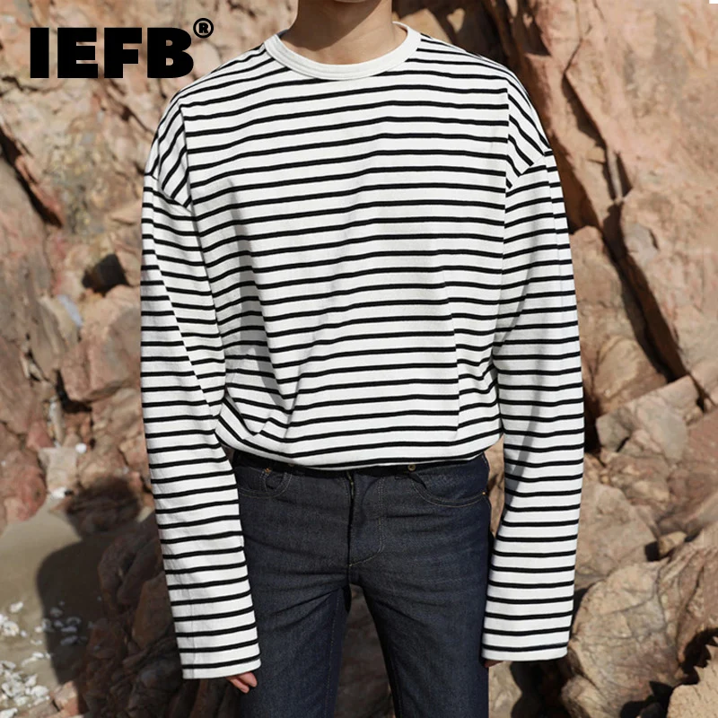 IEFB Korean Style Men's T-shirts Round Collar Striped Long Sleeve Contrast Color Causal Tops Pullover Male Loose Tee 2024 9C8986