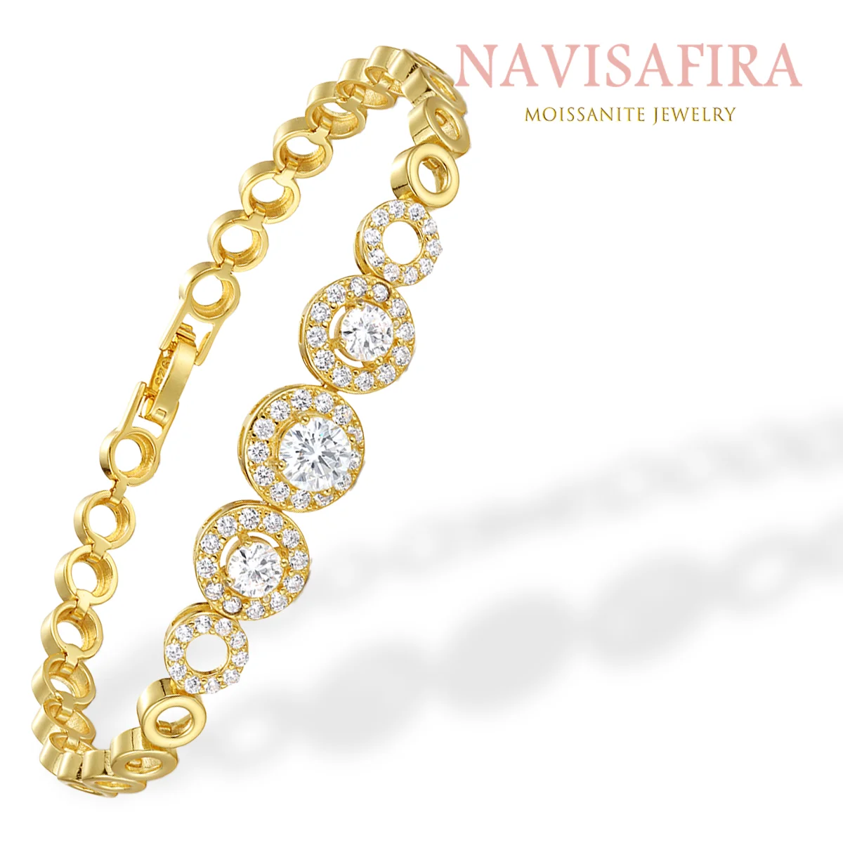 

6mm S925 Gold-Plated Circle Moissanite Bracelet – Elegant Halo Design with Center Stones, Perfect for Every Occasion