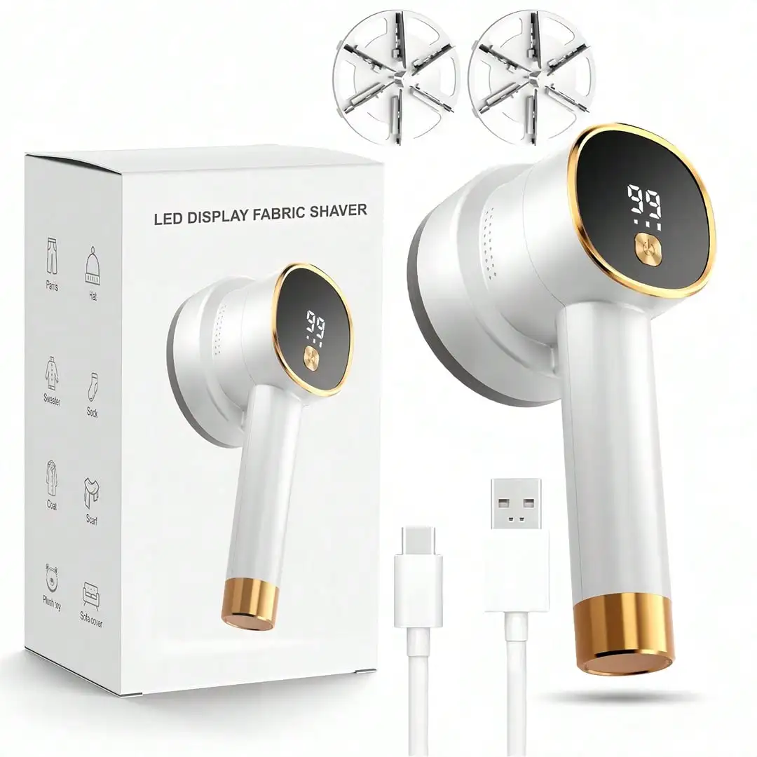 

6 прецизионных стальных лезвий для удаления ворса — 3 скорости, цифровой дисплей, перезаряжаемый через USB, для мебели/пальто/свитеров