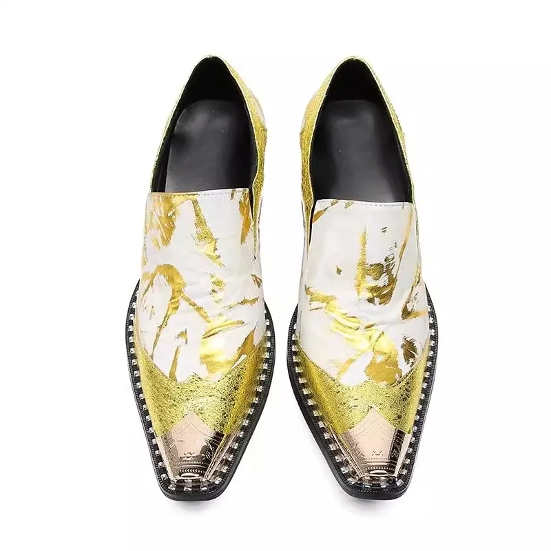 Fashion Golden Pattern Man Shoes Metal Pointed Toe Male Business Shoes Genuine Leather Slip Om Men Formal Dress Shoes