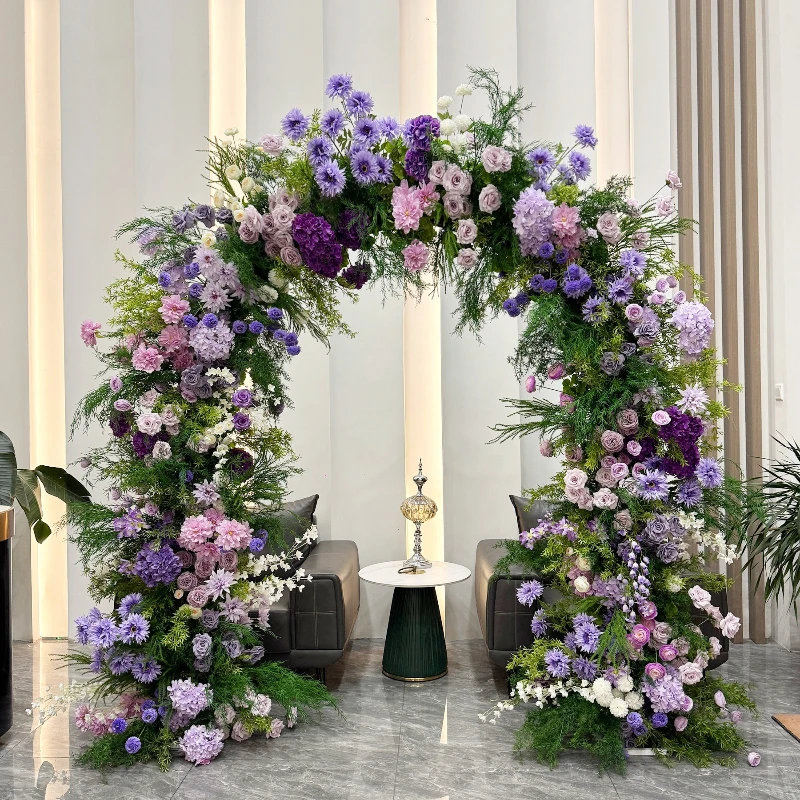 Garden pastoral style arch floral arrangement outdoor wedding decoration flower row simulation flower purple