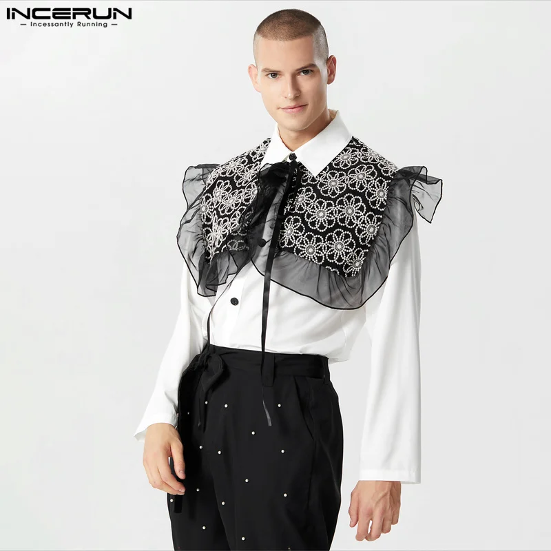 2023 Men\'s Shirt Lace Patchwork Ruffle Lapel Long Sleeve Lace Up Unisex Shirts Streetwear Fashion Casual Camisas S-5XL INCERUN