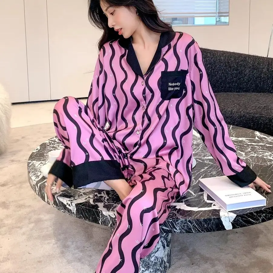 Luxury Pijamas Women 2025 Spring and Autumn Sleepwear Women Ice Silk Striped Long Sleeve Homewear