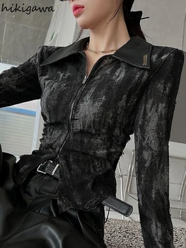 女性用長袖クロップトップ,タイダイ,ハラジュクシャツ,襟入りトンボ,ジッパーブラウス,韓国ファッション,y2k,2024