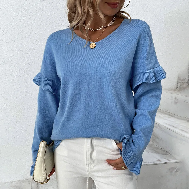 Prendas de punto con manga de pétalo y cuello en V de Color puro para mujer, suéter de nuevo estilo de invierno, Top elegante para mujer