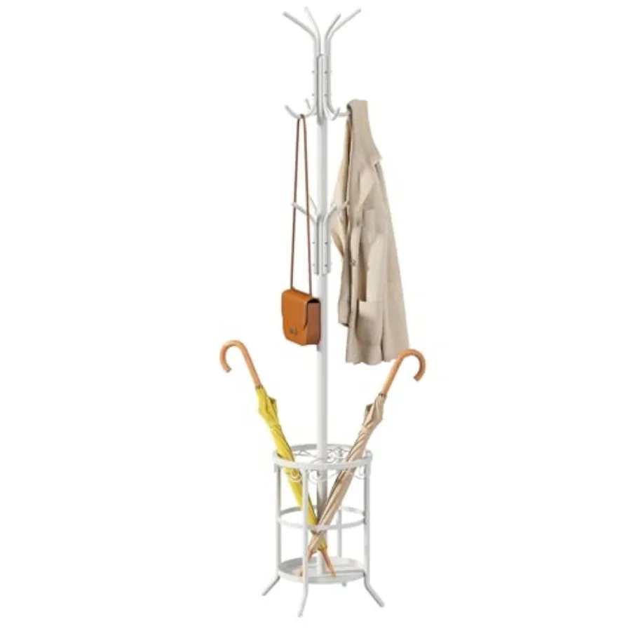 

Coat Rack with Umbrella Holder, White Metal Coat Rack Stand with 12 Hooks, for Entryway, Hallway, Living Room, Bedroom