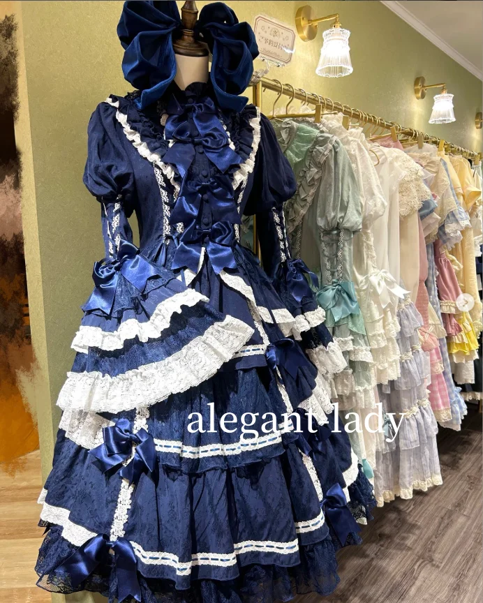 

Navy Lolita Poncho Prom Dress Romantic Half Sleeve Bow Ruffle Victorian Customised فساتين للمناسبات الخاصة