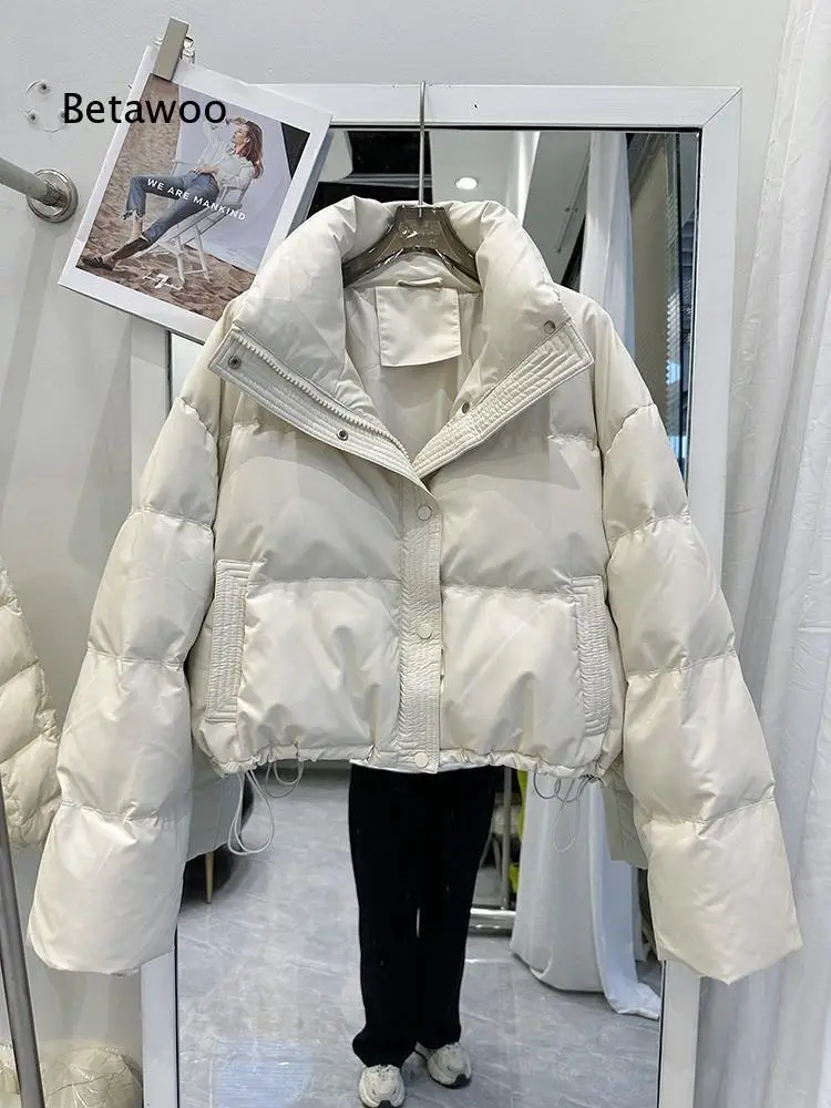Ladies Winter Short Puffer Coat Stand Collar Dual Button Zip Front Drawstring Hem Design Warm Casual Outer Layer Garment