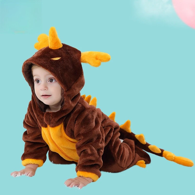 Cartoon Brown Dragon Costumes Newborn Baby Clothes Rompers Zipper Toddler Bodysuit Boy Girls Pajamas Kawaii Party Infant Onesies