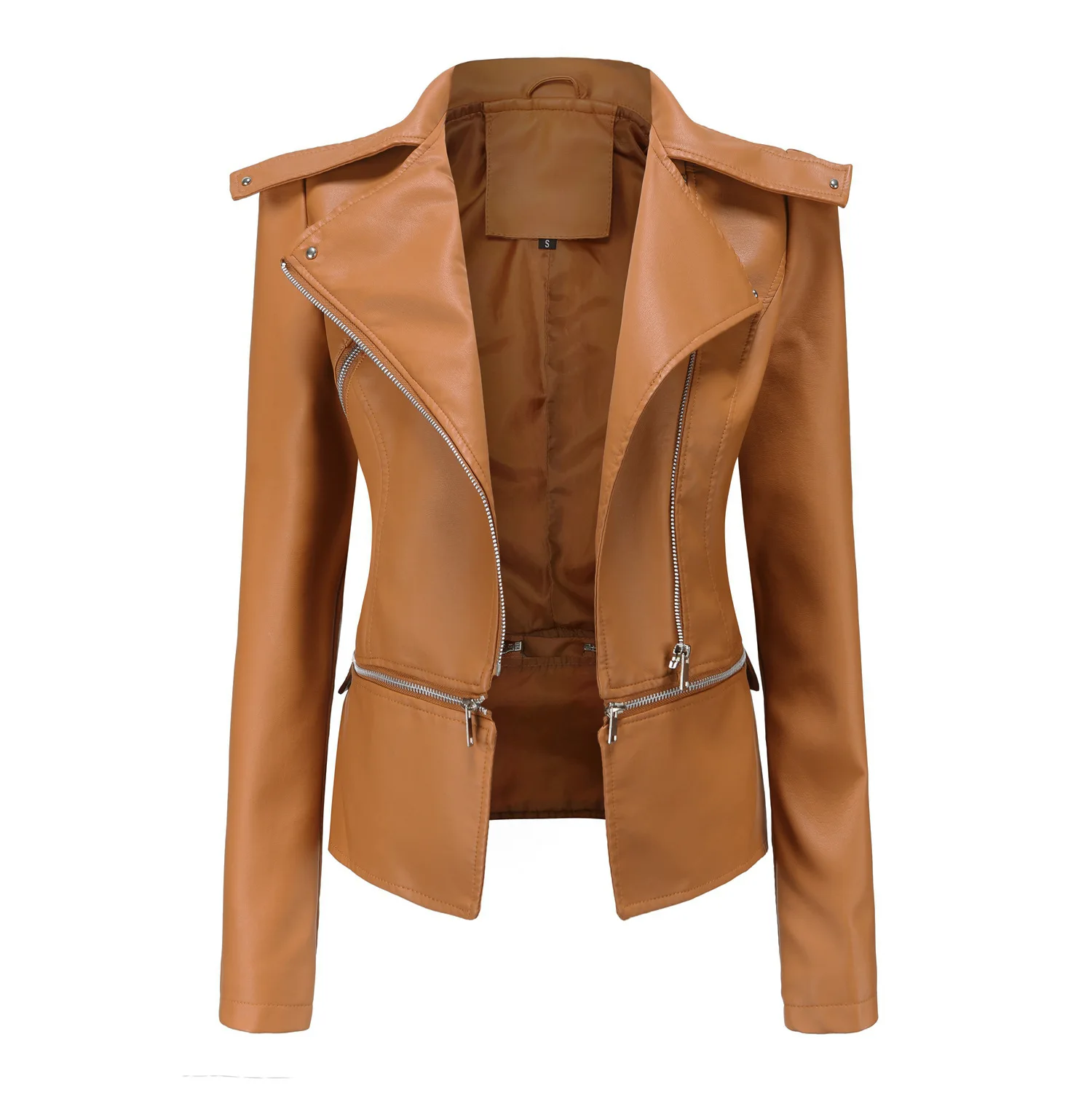 Autumn Motorcycle PU Leather Jacket Women Casual Leather Coat Female Long Sleeve Turn-down Collar Solid Outwear
