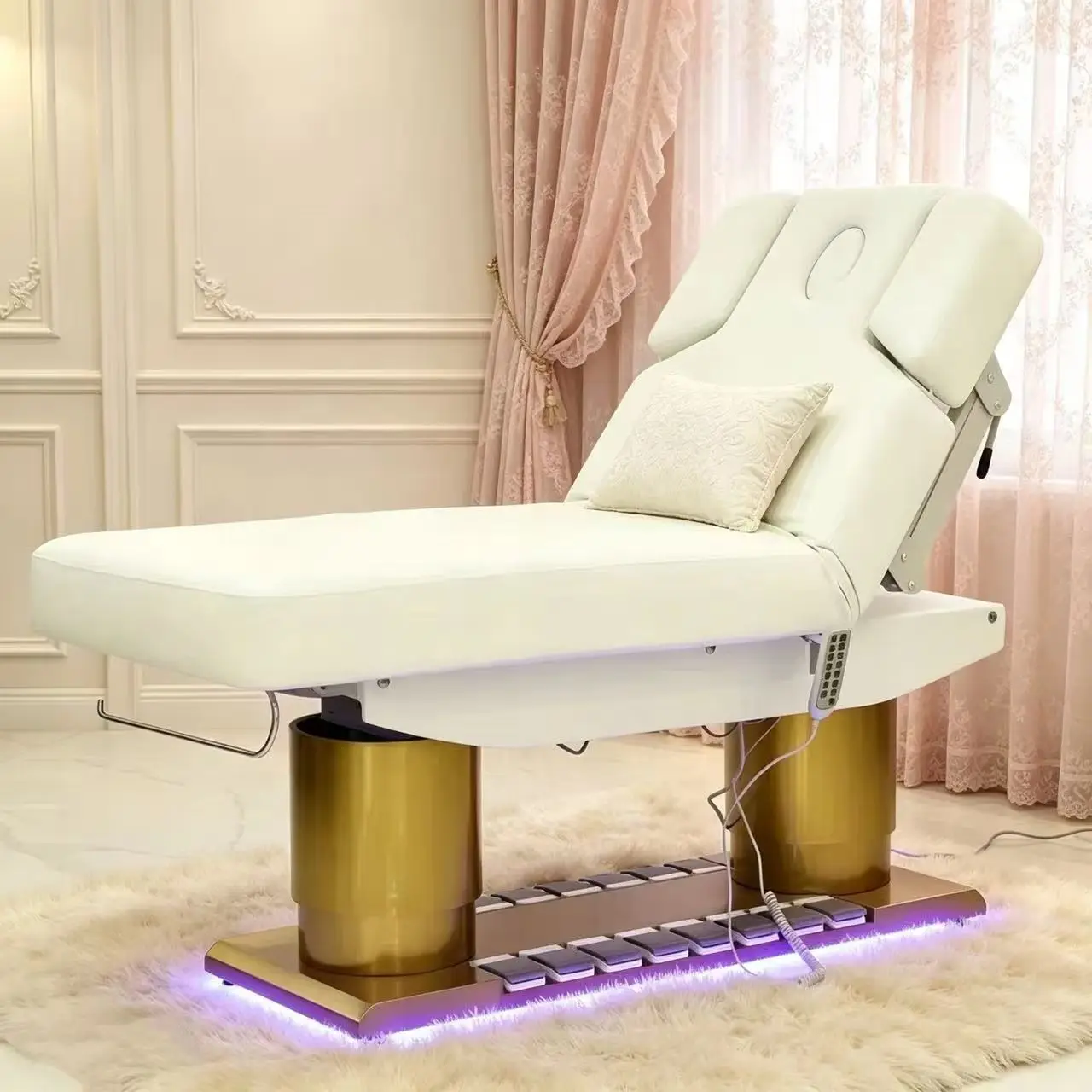 Luxuriöse Kosmetikliege mit Löchern, Fußgesteuerte Vier-Motoren-Neigungs- und Hebefunktion, Wimpern-Beauty, Kosmetik, Stickerei Drei-in-Eins
