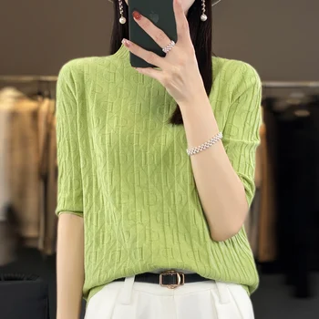 春の新作セミハイカラー立体パターン半袖ジョーカー女性ルーズでスリムな内側無地セーター