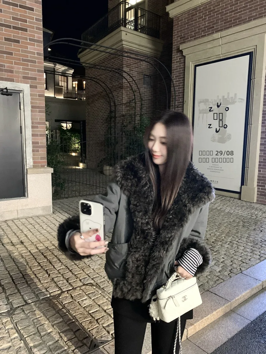 

Korean Barn Sle Thiened Warm Lamb Fur Collar Jaet Women's Winter New Flip Collar Parka Coat Long Sve Straight Cut