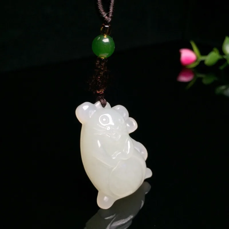 

White Jade Hand Carved Zodiac Mouse Pendant, Fashionable Boutique Jewelry, Men's and Women's Zodiac Necklace Gift