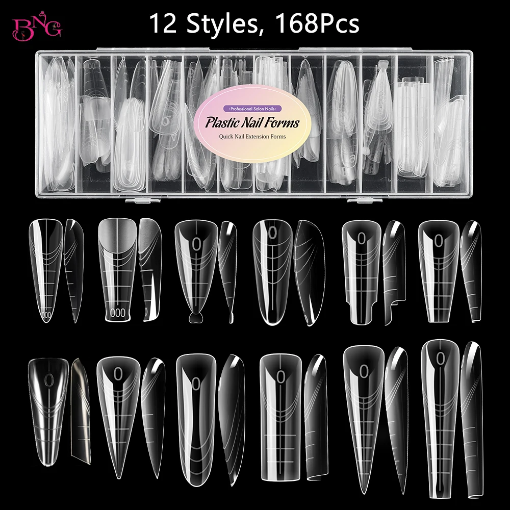 BNG 168/180Pcs Dual Nail Forms Set Builder Extension Gel Nail Molds for Poly Nail Gel Art Design Reusable Nail Tips 6/12 Types