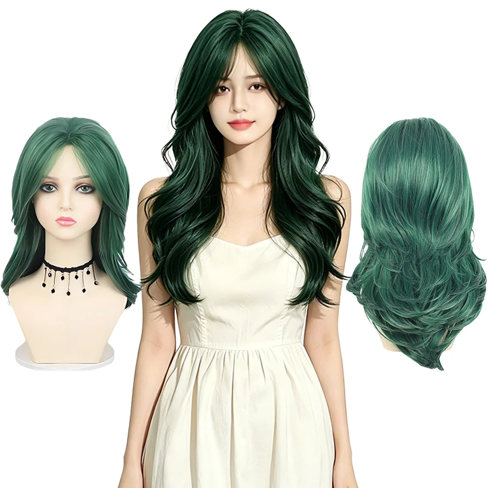 

Natural Fluffy Dark Green Medium Long Wavy Wig Low Maintenance Women's Heat Resistant Tangle-Free Synthetic Full Wig