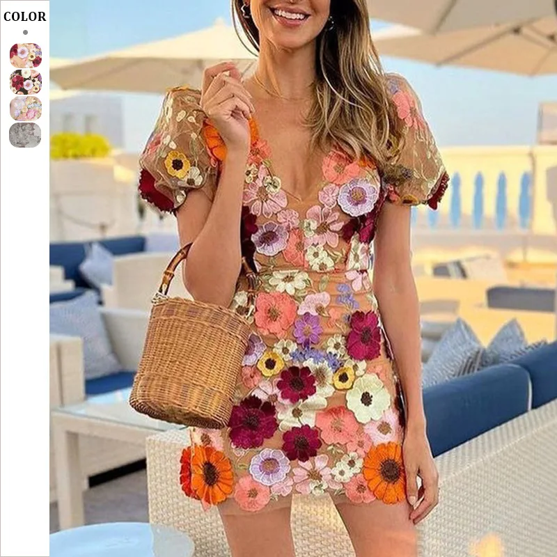 

2025 Flower Hip Wrap Lantern Sleeve Dress Sexy Embroidered Dress