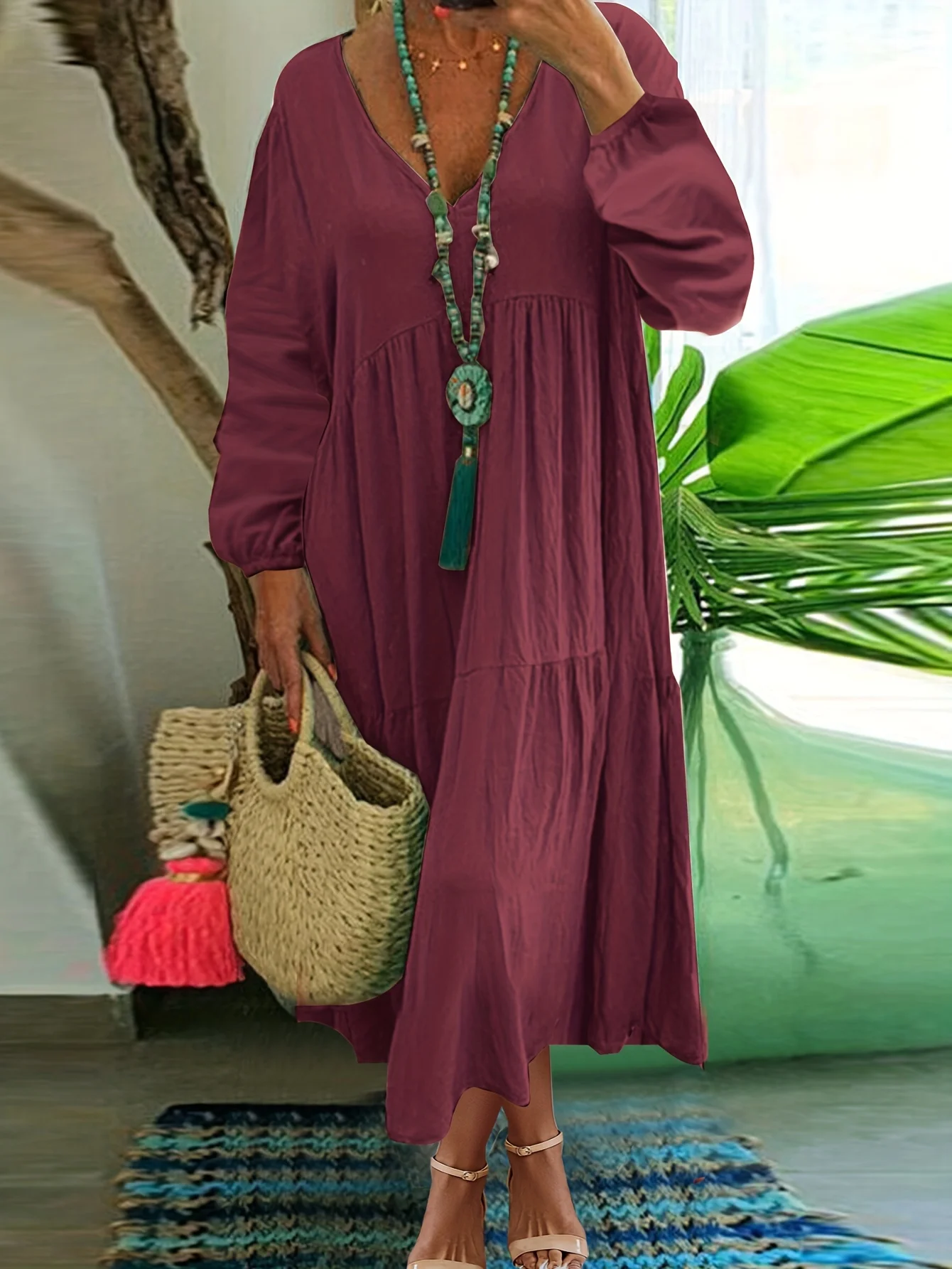 فستان نسائي فضفاض بأكمام طويلة بلون نقي مطوي ورقبة على شكل حرف V أساسي لحفلات العودة للوطن فساتين طويلة غير رسمية للنساء #6