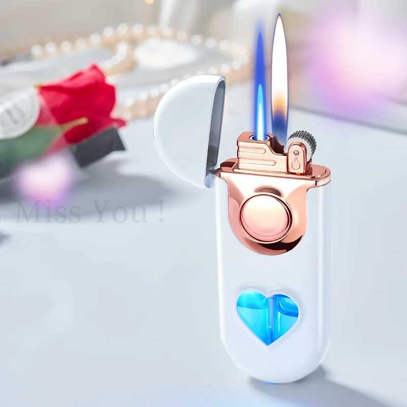 

Metal Love Double Flame Butane Gas Lighter Creative LED Blue Light Transparent Gas Window Grinding Wheel Ignition Cigar Lighters