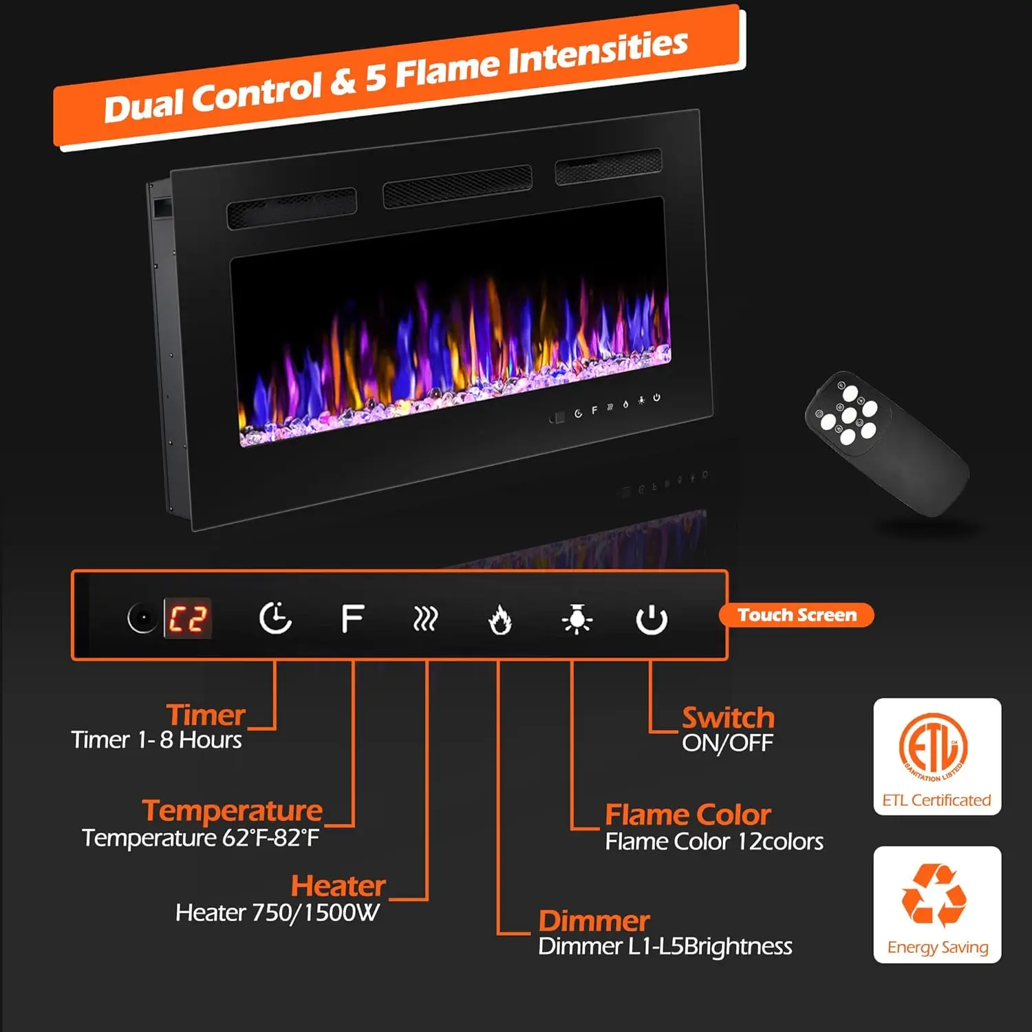 Recessed with Remote Control, 750/1500W Ultra-Thin Wall Fireplace Heater W/Timer