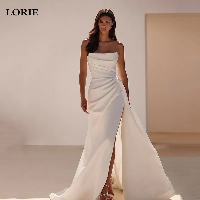 

LORIE Strapless Soft Mermaid Wedding Dresses Matte Satin Bride Dress Sexy Side Split Pleats Wedding Gowns