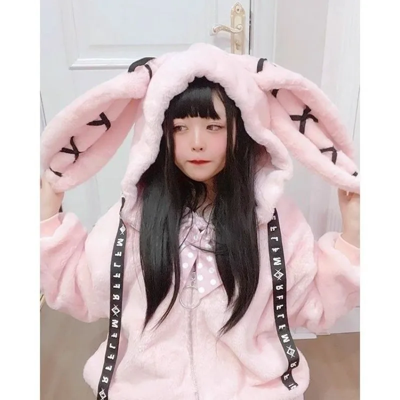 Manteau d'hiver en fausse fourrure blanche pour femme, doux et épais, mignon, Kawaii, avec oreilles de lapin, veste moelleuse à capuche, 2024