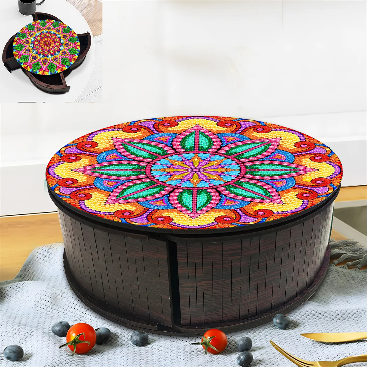 

1 Diamond Drawing Circular Storage Box Diy Mosaic Embroidery Stitching Craft Gift Box Jewelry Box Mandala Flower Wooden Box