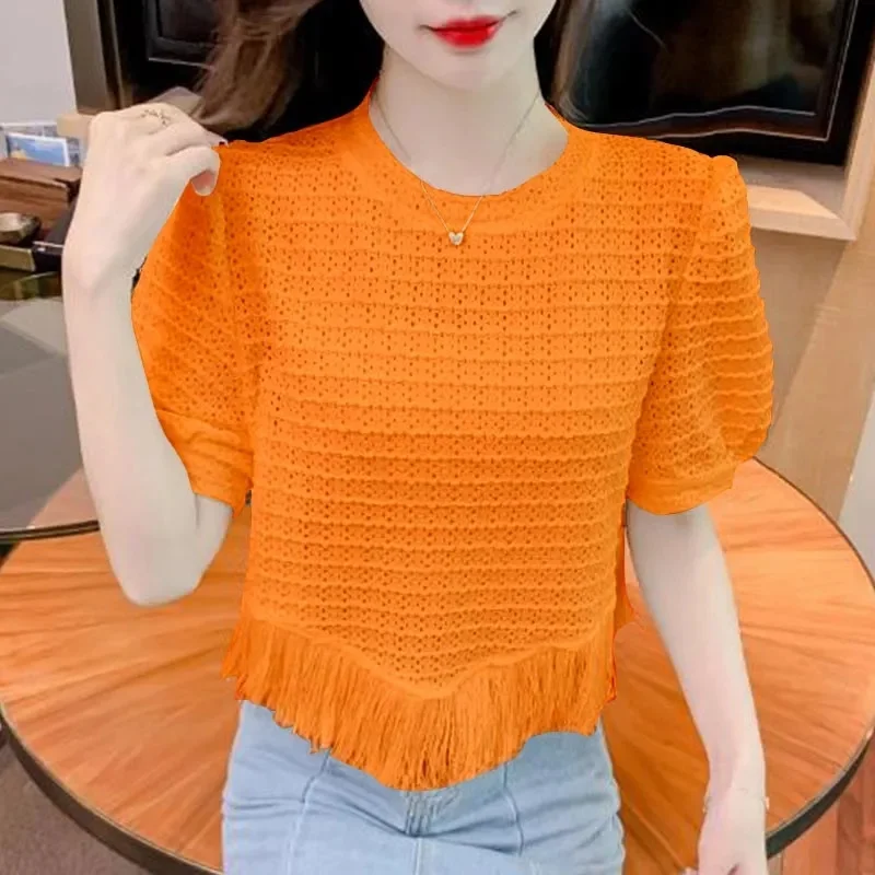 

Lce Silk Short-Sleeved Sweater Women's Summer 2025 New Explosion Tassel Design Hollow T-Shirt Irregular Top